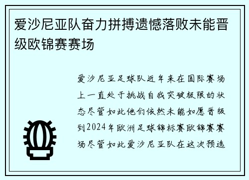 爱沙尼亚队奋力拼搏遗憾落败未能晋级欧锦赛赛场